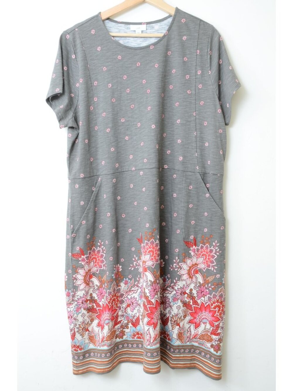NEW J. Jill XL Grey Floral Cotton T-Shirt Shift Knee Dress Pockets Cottagecore